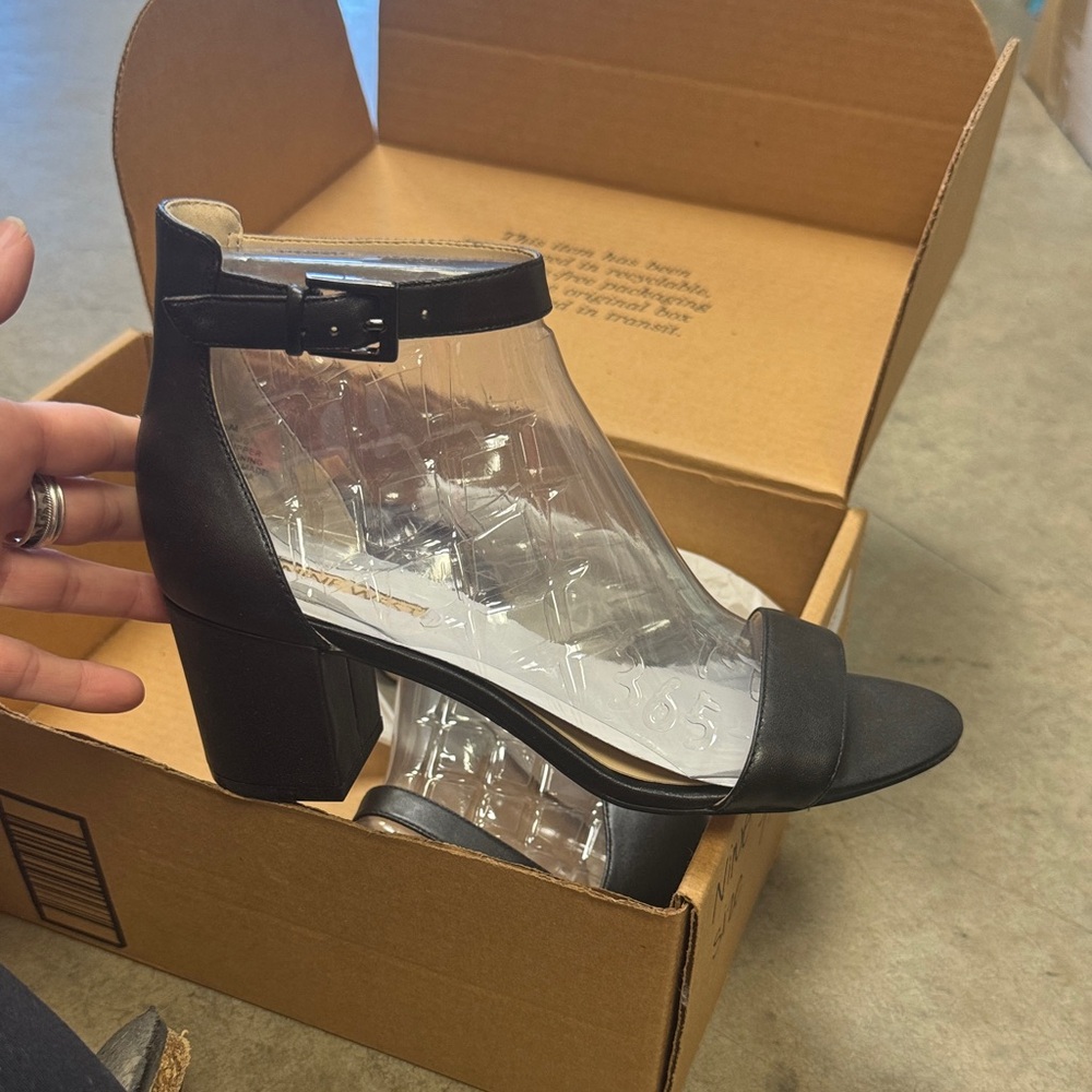 Nine West Black Clear Panel Ankle-Strap Block Heels